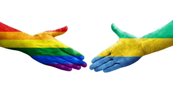 Handslag Mellan Gabon Och Hbt Flaggor Målade Händer Isolerad Transparent — Stockfoto