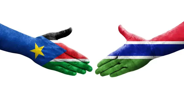 Poignée Main Entre Gambie Soudan Sud Drapeaux Peints Sur Les — Photo