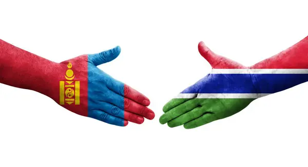 ガンビアとモンゴルの国旗を手描きで握手し 透明感のある孤立したイメージ — ストック写真