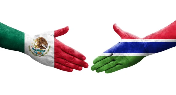 Poignée Main Entre Les Drapeaux Gambiens Mexicains Peints Sur Les — Photo