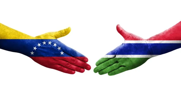 冈比亚和委内瑞拉之间握手 手绘国旗 孤立透明的形象 — 图库照片