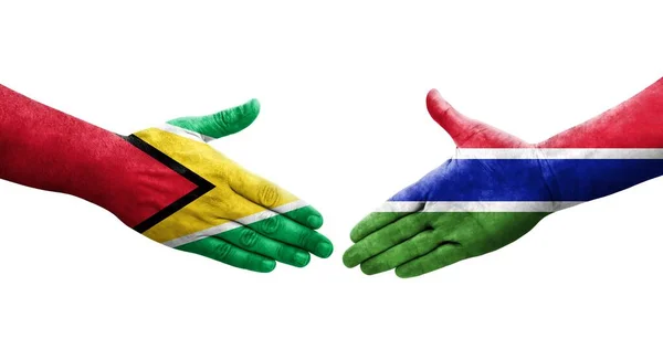 Poignée Main Entre Les Drapeaux Gambiens Guyanais Peints Sur Les — Photo