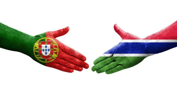 Рукопожатие Между Флагом Гамбии Португалии Нарисованное Руках Изолированное Прозрачное Изображение — стоковое фото