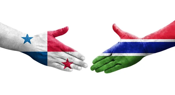 Рукостискання Між Гамбією Панамськими Прапорами Намальоване Руках Ізольоване Прозоре Зображення — стокове фото
