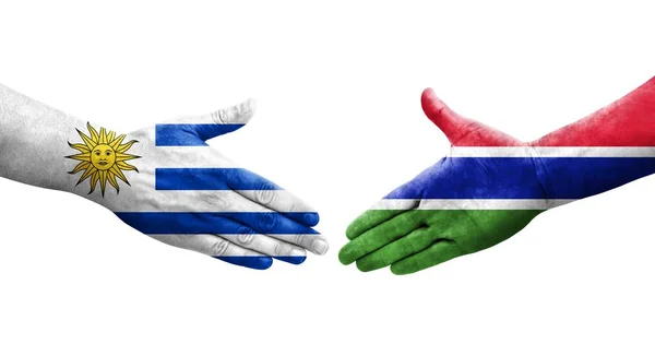 Handshake Gambia Uruguay Flags Painted Hands Isolated Transparent Image — Stock Photo, Image