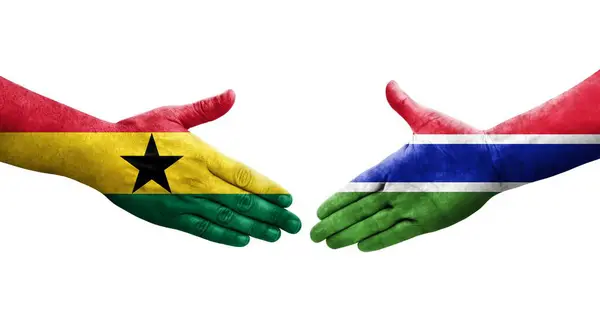 Χειραψία Μεταξύ Γκάμπια Και Γκάνα Σημαίες Ζωγραφισμένα Στα Χέρια Απομονωμένη — Φωτογραφία Αρχείου