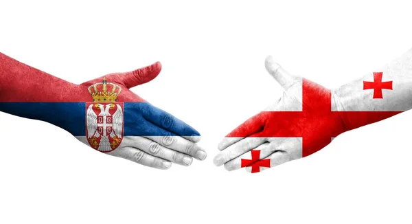 Χειραψία Μεταξύ Γεωργίας Και Σερβίας Σημαίες Ζωγραφισμένες Στα Χέρια Απομονωμένη — Φωτογραφία Αρχείου