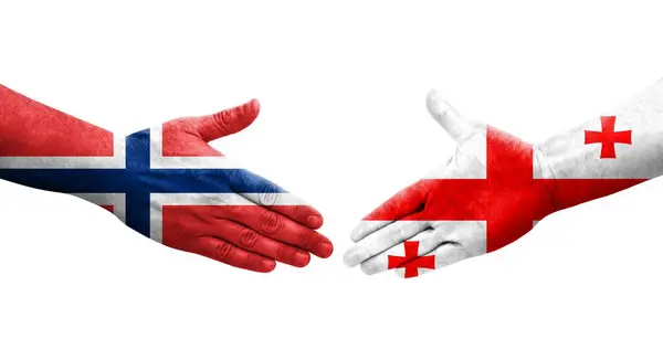 格鲁吉亚和挪威之间的握手 手绘国旗 孤立透明的图像 — 图库照片