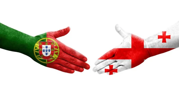 Apretón Manos Entre Georgia Portugal Banderas Pintadas Las Manos Imagen — Foto de Stock