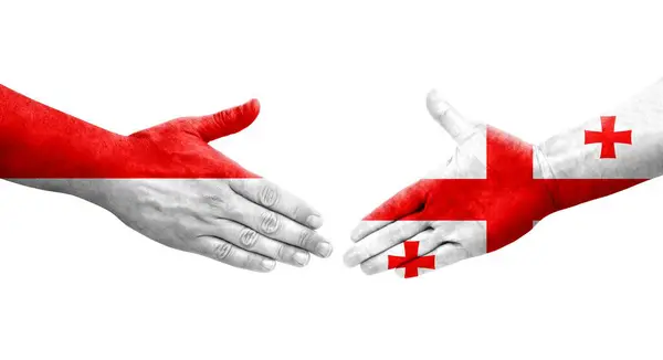 손으로 조지아와 인도네시아 국기의 고립된 이미지 — 스톡 사진