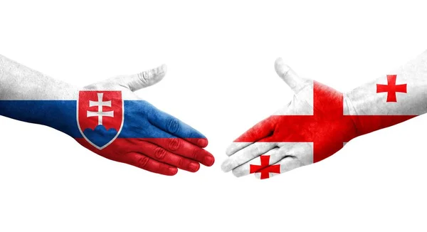 Aperto Mão Entre Geórgia Eslováquia Bandeiras Pintadas Mãos Imagem Transparente — Fotografia de Stock