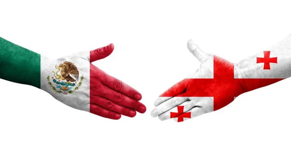 Poignée Main Entre Géorgie Mexique Drapeaux Peints Sur Les Mains — Photo