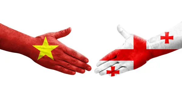 Handslag Mellan Georgien Och Vietnam Flaggor Målade Händer Isolerad Transparent — Stockfoto
