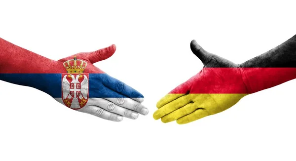 Apretón Manos Entre Alemania Serbia Banderas Pintadas Las Manos Imagen — Foto de Stock