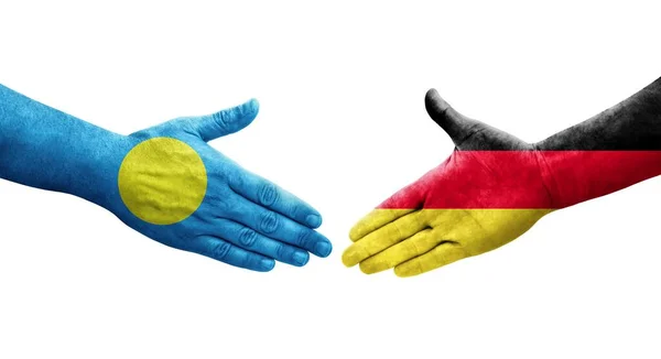 Apretón Manos Entre Alemania Palau Banderas Pintadas Las Manos Imagen — Foto de Stock