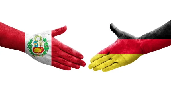 Рукопожатие Между Германией Перу Раскрашенные Руках Флаги Изолированное Прозрачное Изображение — стоковое фото