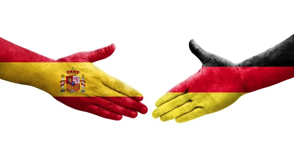德国和西班牙之间握手 手绘国旗 孤立透明的形象 — 图库照片