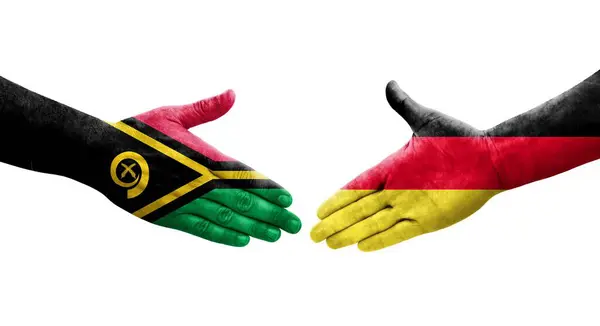 Apretón Manos Entre Alemania Vanuatu Banderas Pintadas Las Manos Imagen — Foto de Stock