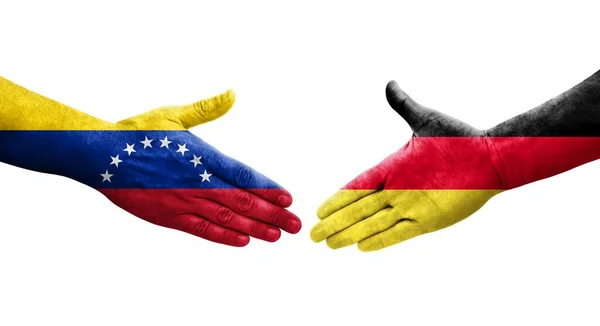 Serrer Main Entre Allemagne Venezuela Drapeaux Peints Sur Les Mains — Photo