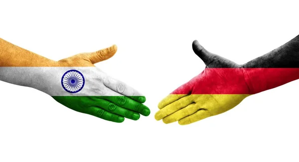Kézfogás Németország India Között Kézre Festett Zászlók Elszigetelt Átlátszó Kép — Stock Fotó