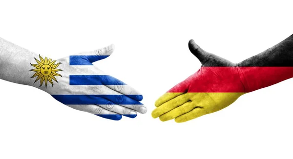 Apretón Manos Entre Alemania Uruguay Banderas Pintadas Las Manos Imagen — Foto de Stock