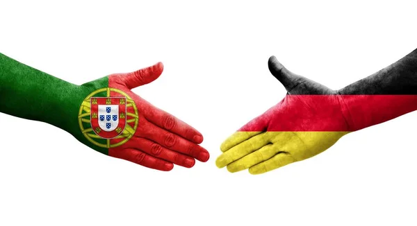 Aperto Mão Entre Alemanha Portugal Bandeiras Pintadas Mãos Imagem Transparente — Fotografia de Stock