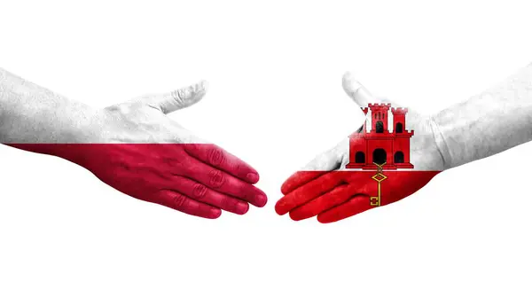 Handslag Mellan Ghana Och Polen Flaggor Målade Händer Isolerad Transparent — Stockfoto
