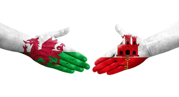 Aperto Mão Entre Bandeiras Gana País Gales Pintadas Mãos Imagem — Fotografia de Stock