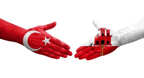 Χειραψία Μεταξύ Γκάνα Και Τουρκίας Σημαίες Ζωγραφισμένες Στα Χέρια Απομονωμένη — Φωτογραφία Αρχείου