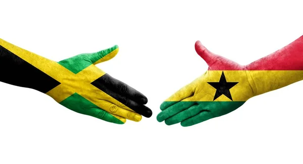 Apretón Manos Entre Ghana Jamaica Banderas Pintadas Las Manos Imagen —  Fotos de Stock