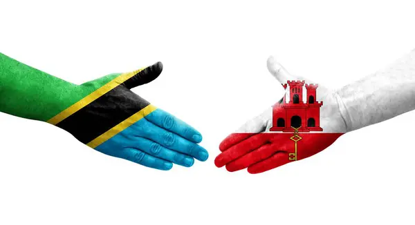 Aperto Mão Entre Bandeiras Gana Tanzânia Pintadas Mãos Imagem Transparente — Fotografia de Stock