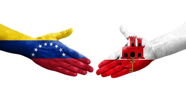 Handshake Gibraltar Venezuela Flags Painted Hands Isolated Transparent Image — Stock Photo, Image
