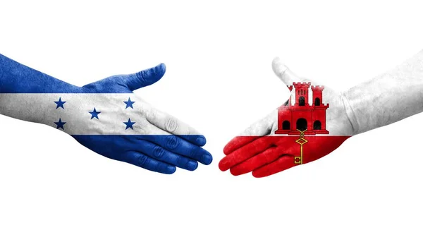 Χειραψία Μεταξύ Γιβραλτάρ Και Ονδούρα Σημαίες Ζωγραφισμένα Στα Χέρια Απομονωμένη — Φωτογραφία Αρχείου