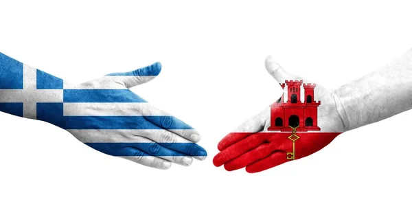 Kézfogás Gibraltár Görögország Között Kézre Festett Zászlók Elszigetelt Átlátszó Kép — Stock Fotó