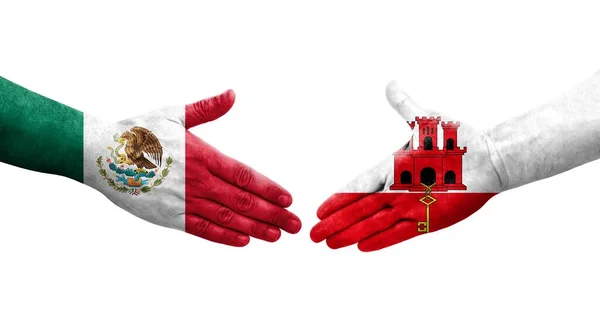 Рукостискання Між Гібралтарським Мексиканським Прапорами Намальоване Руках Ізольоване Прозоре Зображення — стокове фото
