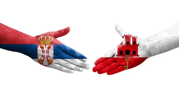 Χειραψία Μεταξύ Γιβραλτάρ Και Σερβίας Σημαίες Ζωγραφισμένες Χέρια Απομονωμένη Διαφανής — Φωτογραφία Αρχείου
