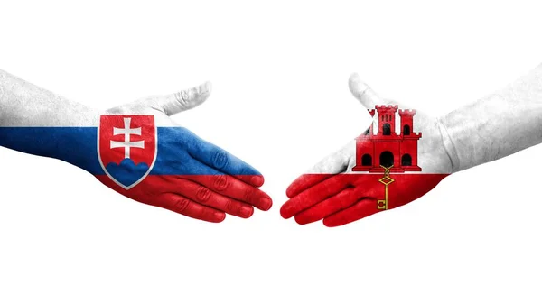 Cebelitarık Slovakya Bayrakları Arasındaki Sıkışma Ellerinde Izole Şeffaf Görüntü — Stok fotoğraf