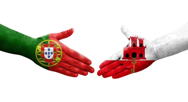 Apretón Manos Entre Gibraltar Portugal Banderas Pintadas Las Manos Imagen —  Fotos de Stock