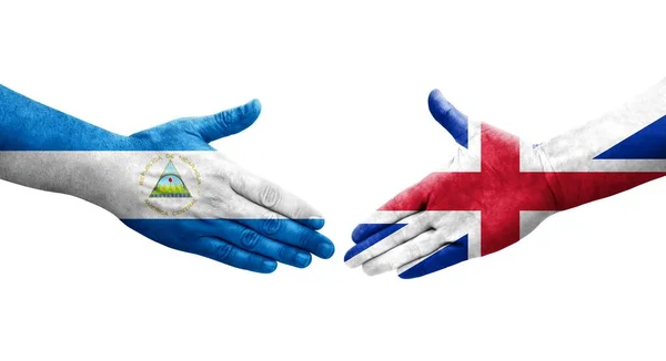 Saludo Entre Las Banderas Gran Bretaña Nicaragua Pintadas Las Manos — Foto de Stock