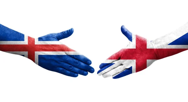 Apretón Manos Entre Gran Bretaña Islandia Banderas Pintadas Las Manos — Foto de Stock