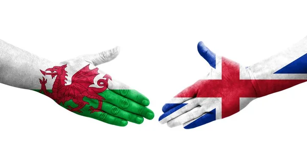Handdruk Tussen Groot Brittannië Wales Vlaggen Geschilderd Handen Geïsoleerd Transparant — Stockfoto