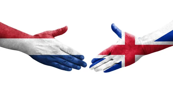 Apretón Manos Entre Gran Bretaña Países Bajos Banderas Pintadas Las — Foto de Stock