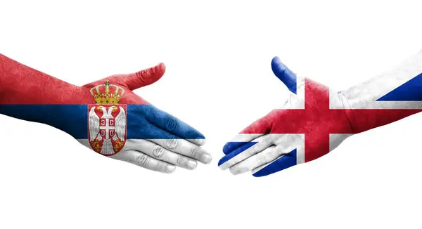 Apretón Manos Entre Gran Bretaña Serbia Banderas Pintadas Las Manos — Foto de Stock