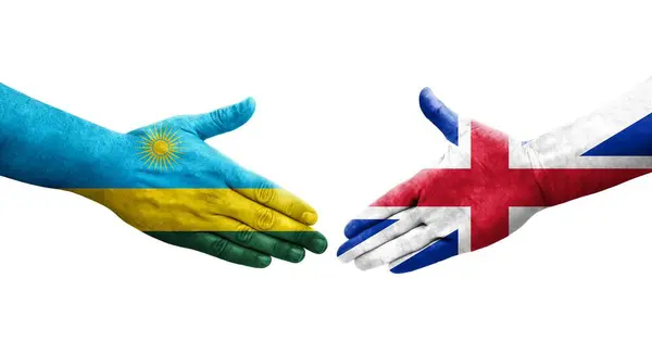 Apretón Manos Entre Gran Bretaña Ruanda Banderas Pintadas Las Manos — Foto de Stock
