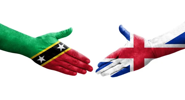 Kézfogás Nagy Britannia Saint Kitts Nevis Zászlók Festett Kezét Elszigetelt — Stock Fotó