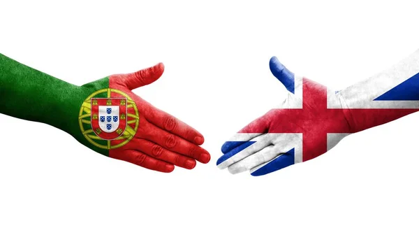 Apretón Manos Entre Gran Bretaña Portugal Banderas Pintadas Las Manos —  Fotos de Stock