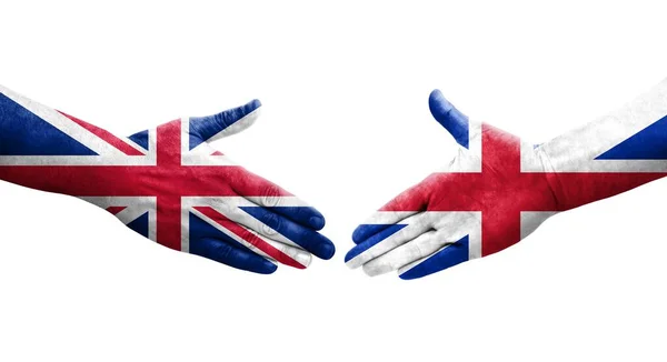 Рукостискання Між Великою Британією Прапорами Великої Британії Намальоване Руках Ізольоване — стокове фото