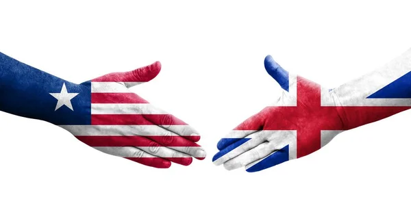 Рукостискання Між Великою Британією Ліберійськими Прапорами Намальоване Руках Ізольоване Прозоре — стокове фото