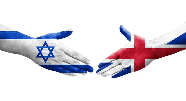 Apretón Manos Entre Gran Bretaña Israel Banderas Pintadas Las Manos — Foto de Stock