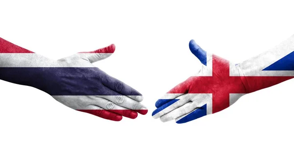 Apretón Manos Entre Gran Bretaña Tailandia Banderas Pintadas Las Manos — Foto de Stock